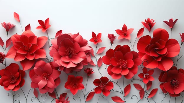 A cluster of vibrant red paper flowers is displayed on a pristine white wall. The intricate petals and bright color scheme create a striking contrast against the blank backdrop.