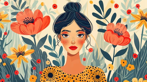 A woman is depicted surrounded by a vibrant array of flowers, which fill the entire background. The womans expression is serene as she stands amidst the colorful blooms.