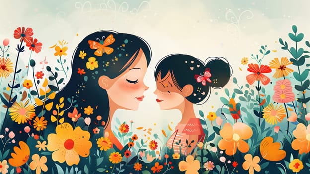 Two women are depicted sharing a kiss amidst a vibrant field of colorful flowers. The women are the central focus, surrounded by the beauty of nature.