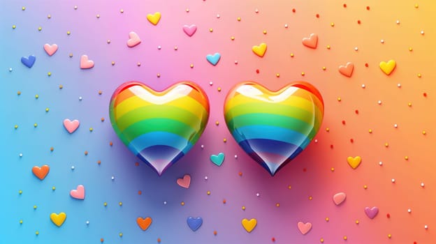 Two heart-shaped lollipops in rainbow colors are positioned on a vibrant multicolored background. The lollipops symbolize the lgbt pride concept.