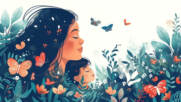 A peaceful scene unfolds as a mother gently embraces her child surrounded by flourishing nature. The warmth of maternal love is palpable while they are engrossed in a concert dedicated to mothers worldwide, exemplified by the intimate moment shared between the two. Butterflies flutter around, adding to the tranquil ambiance of the celebration.