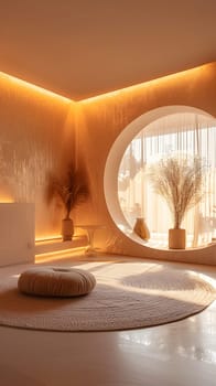 The room is adorned with a beautiful round window in the center, made of tinted glass framed with hardwood. The sunlight filters through, casting warm shades on the wooden floor