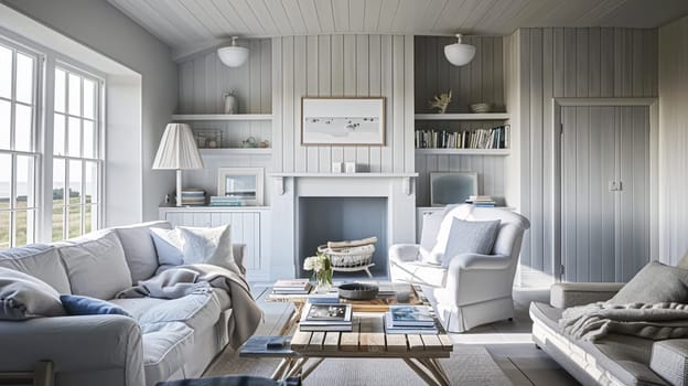 Interior of a living room with white walls, sofa and cushions. Sitting room in coastal cottage with sea view. Luxury lounge room