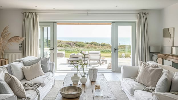 Interior of a living room with white walls, sofa and cushions. Sitting room in coastal cottage with sea view. Luxury lounge room