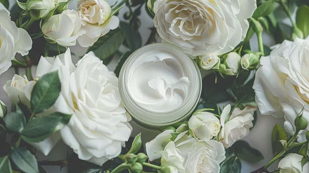 Cosmetic branding, toiletries and skincare concept. Face cream moisturizer jar on floral background, moisturizing skin care lotion and lifting emulsion, anti-age cosmetics for luxury beauty brand