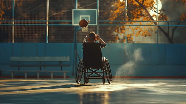 A wheelchair basketball player takes a shot during a solo practice session on an outdoor court, illuminated by the warm glow of the sunset