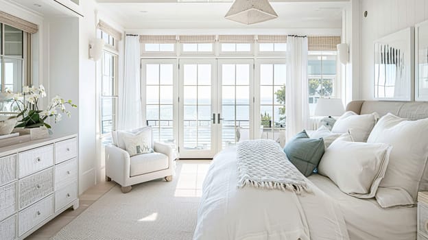 Beautiful interior of luxury bedroom with window sea view. Coastal cottage concept. High quality photo