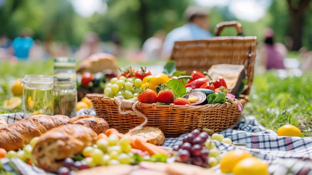A picnic blanket laid out in a park with a basket full of fresh fruits, including strawberries and grapes, alongside bread and jars, with a person sitting in the background - Generative AI