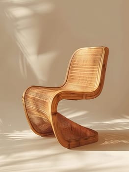 A hardwood chair, made from natural material and stained with wood varnish, is placed in front of a wall. The chairs design showcases artistry and the beauty of wood