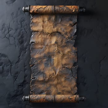 A rectangular old scroll lies on a dark wood flooring, casting a shadow on the black surface. The intricate pattern on the scroll contrasts with the surroundings of soil, rocks, and road surface