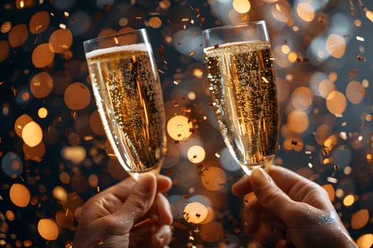 Two individuals are celebrating at an event, raising champagne stemware in a gesture of joy. The glassware shines like jewellery, an elegant ornament at the party