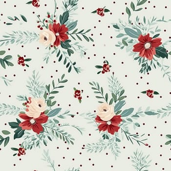 Seamless pattern, tileable Christmas holiday floral country dots print, English countryside flowers for wallpaper, wrapping paper, scrapbook, fabric and product design motif