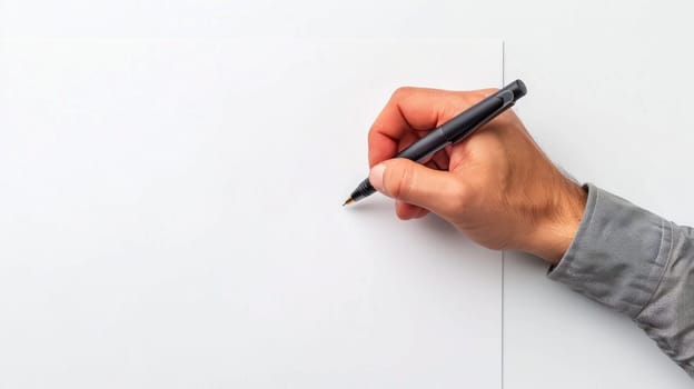 A hand is writing on a blank piece of paper with a pen.