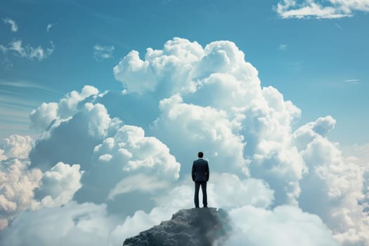 A man stands on a mountain top, looking up at the sky. The sky is filled with clouds, creating a sense of awe and wonder. The man's gaze is focused on the clouds