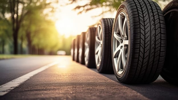 Summer tires on the asphalt road in the sun time for summer tires..