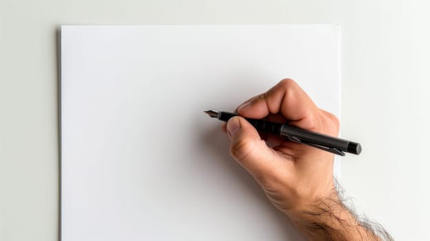 A hand is writing on a blank piece of paper with a pen.