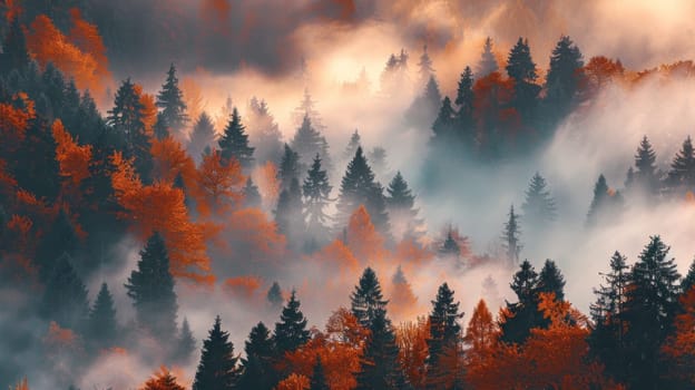 A forest with trees covered in fog and leaves.