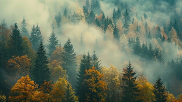 A forest with trees covered in fog and leaves.