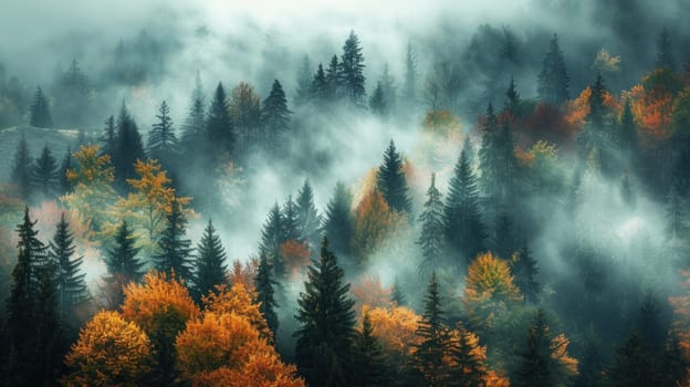 A forest with trees covered in fog and leaves. The trees are tall and green, and the leaves are orange and yellow. The fog creates a mysterious and peaceful atmosphere