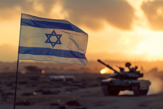 A flag with the word Israel on it is flying next to a tank.