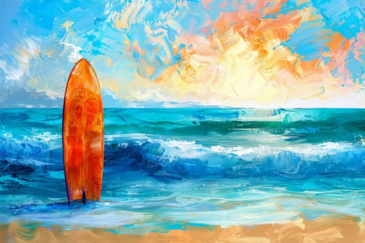 A surfboard is sitting on the sand near the ocean. The sky is blue and the sun is setting