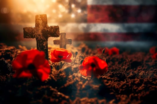 memorial day concept. A cross is in the middle of a field of red flowers. ai generative.
