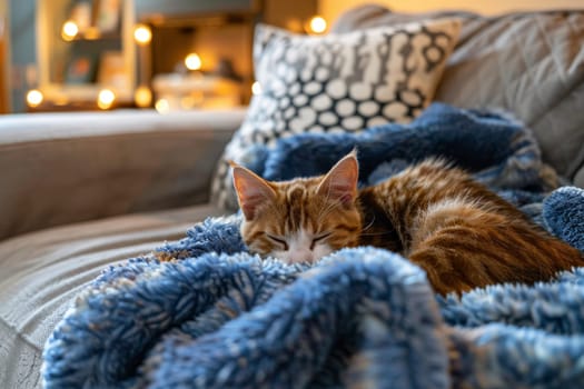 A cat is sleeping on a blue blanket on a couch.