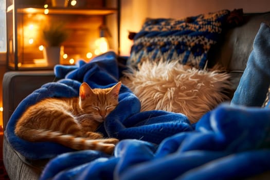 A cat is sleeping on a blue blanket on a couch. The cat is orange and has a striped tail