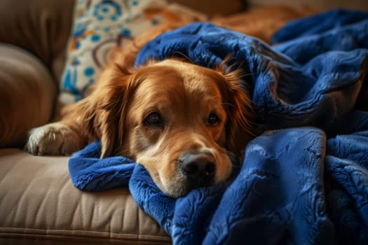 A dog is laying on a blue blanket with a blue blanket draped over it.ai generative.