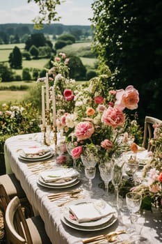 Country tablescape, formal dinner table setting, table scape with strawberry decoration for wedding party and holiday event celebration, post-processed, generative ai