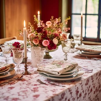 Autumnal holiday tablescape, formal dinner table setting, classic festive table scape with decoration for wedding party and event celebration, post-processed, generative ai