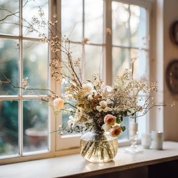 Beautiful floral arrangement with winter, autumn or early spring botanical plants and flowers