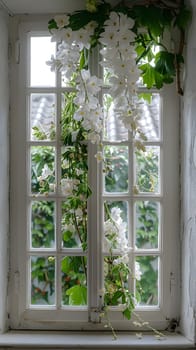 A white wooden window fixture with delicate white flowers hanging from it, adding a touch of elegance to the house facade