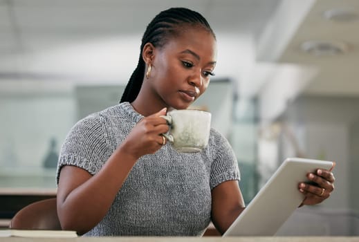 Agenda, coffee and tablet with business black woman in office to do research for project management. Planning, schedule and technology with design employee in creative workplace for networking.