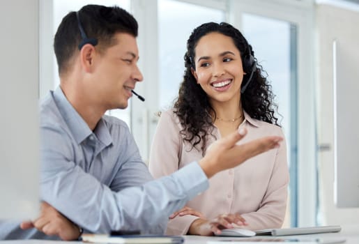 Call centre, man and woman with smile, talking and computer for website and market research online. Tech support, help and customer service with headset or headphones, insurance and communication.