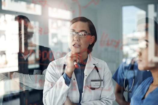 Teamwork, thinking and doctor with glass board for solution, brainstorming and problem solving in clinic office. Healthcare people, nurse and expert with orthopedic decision, steps or mindmap idea.