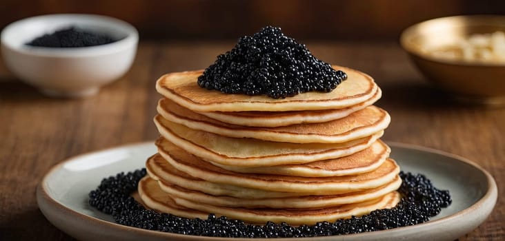 Pancakes with caviar for breakfast highlight luxury morning meal. Golden stack topped with black caviar, served on wooden plate, captures indulgent experience