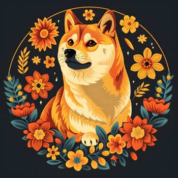 A Carnivore with whiskers, a dog, is depicted surrounded by orange flowers in a Fawn painting on a dark background in an art piece
