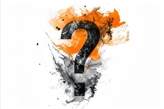 A question mark is painted on a white background with splatters of orange and black. The splatters give the impression of a chaotic and messy scene, while the question mark adds a sense of uncertainty. Generative AI