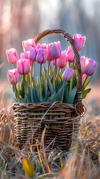 A flowerpot filled with pink tulips, a terrestrial plant, is set in the grass, creating a beautiful landscape perfect for flower arranging or as a houseplant
