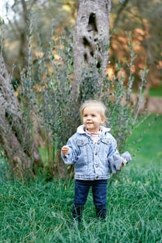 Smiling little girl stands in the grass near the tree with a soft toy in her hand. High quality photo
