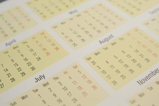 detail shot of a calendar on table,.