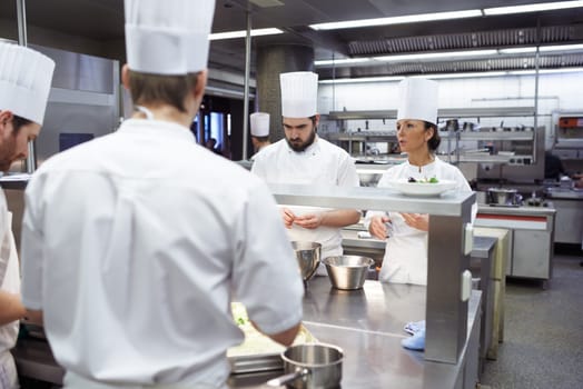 Chef, kitchen and hospitality with working and food prep for a restaurant with fine dining staff. Dinner, catering and employees talking about planning lunch menu with cooking and service in a hotel.