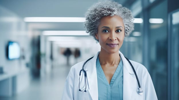 A dark-skinned African American woman in a medical modern bright hospital with modern equipment, where a person undergoes an examination health under insurance. Hospital, medicine, doctor and pharmaceutical company, healthcare and health insurance.