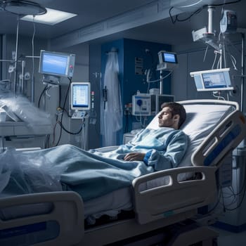 A sick patient lies in his bed in a ward in a medical hospital with modern equipment. Hospital, medicine, doctor and pharmaceutical company, healthcare and health insurance.