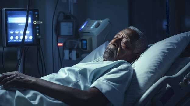 Sick patient dark-skinned African American elderly old man lies in his bed in a ward in a medical hospital with modern equipment. Hospital, medicine, doctor and pharmaceutical company, healthcare and health insurance.