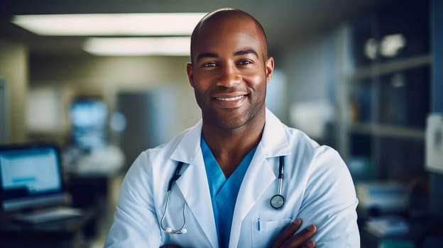 Portrait of a smiling dark-skinned African American doctor man with a stethoscope in a medical hospital with modern equipment. Hospital, medicine, doctor and pharmaceutical company, healthcare and health insurance.