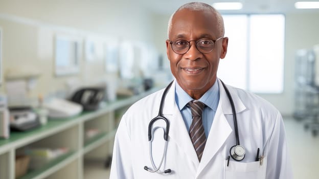 Portrait of a smiling dark-skinned elderly African American doctor man with a stethoscope in a medical hospital with modern equipment. Hospital, medicine, doctor and pharmaceutical company, healthcare and health insurance.