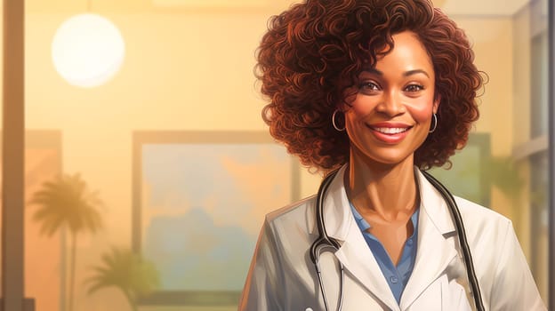 Portrait of smiling dark-skinned African American woman doctor with stethoscope in medical hospital with modern equipment. Hospital, medicine, doctor and pharmaceutical company, healthcare and health insurance.