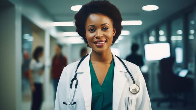 Portrait of smiling dark-skinned African American woman doctor with stethoscope in medical hospital with modern equipment. Hospital, medicine, doctor and pharmaceutical company, healthcare and health insurance.